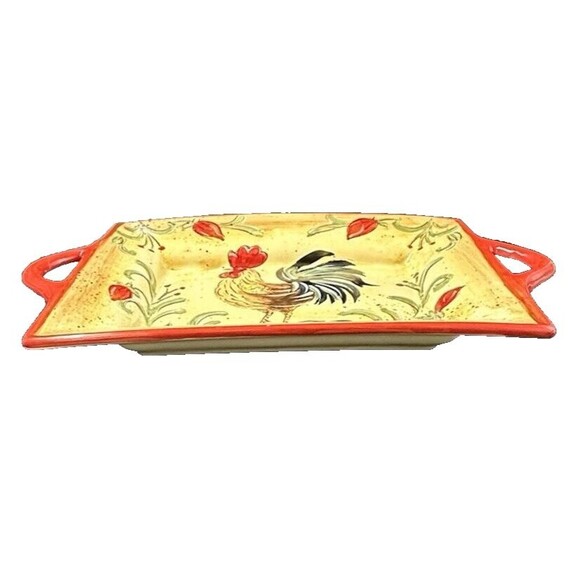 Honey Poppy Rooster Rectangular Platter with Handles Glossed Ceramic 13.5 Inches - Picture 3 of 9